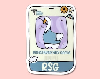 May include: A sticker featuring a cartoon goose wearing a blue shirt and holding a flower. The sticker is in the shape of a phone screen and has the text "Registered Silly Goose" and "RSG" on it.