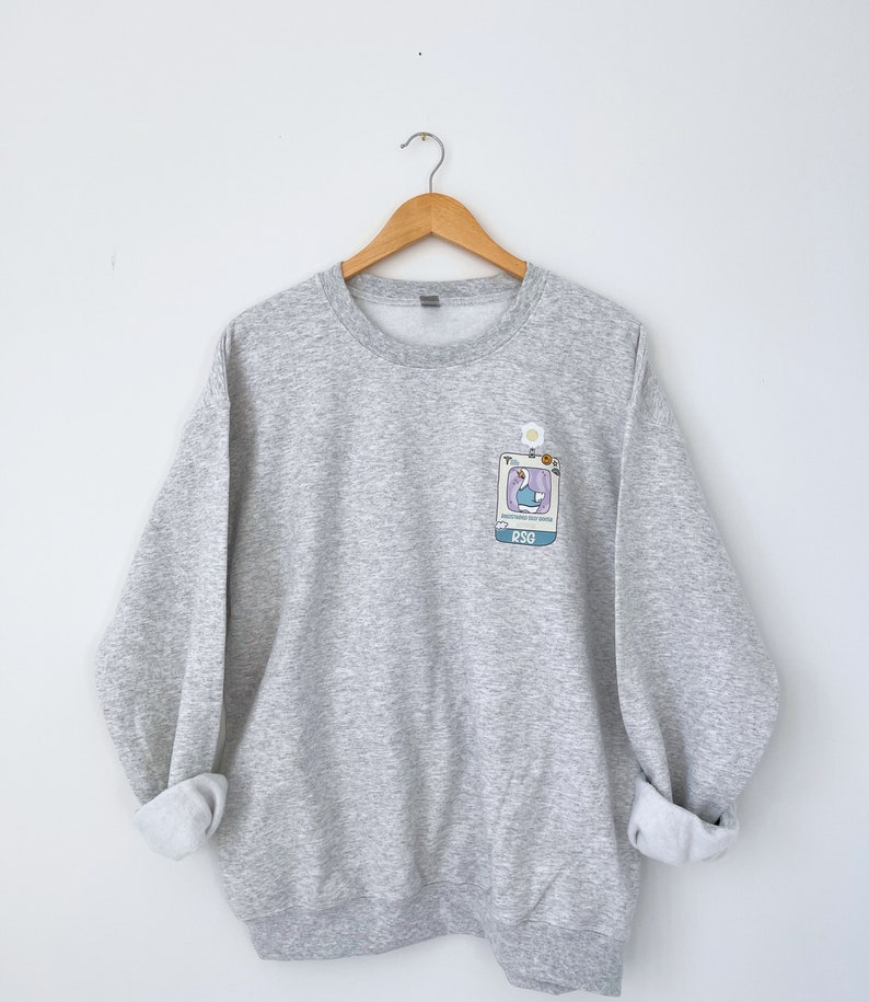 May include: A gray sweatshirt with a small embroidered graphic of a blue bird in a computer screen with the text "PSG" on the front.