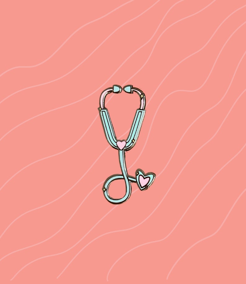 May include: A light blue stethoscope with a pink heart on the end. The stethoscope is on a pink background with white wavy lines.