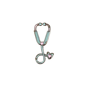 May include: A light blue stethoscope with a pink heart on the chest piece and a pink heart on the end of the tubing.