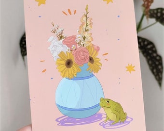 cute flower vase and frog postcard - a6