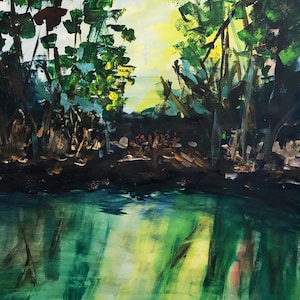 Light No. 1 - handmade acrylic painting/ artwork, unique & impressionistic, original artwork depicting a lake shore