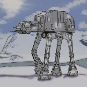 Könnte beinhalten: Ein grauer und silberner AT-AT-Walker, eine Art imperialer Walker aus dem Star Wars-Universum, steht in einer schneebedeckten Landschaft. Ein schwarzer X-Wing-Sternenjäger fliegt im Hintergrund.