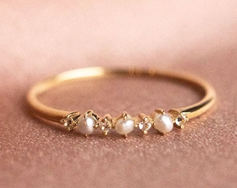 Antieke Akoya parel en CZ diamant halve eeuwigheid band, massief goud halve eeuwigheid stapelen minimalistische delicate sierlijke bruids, juni Birthstone