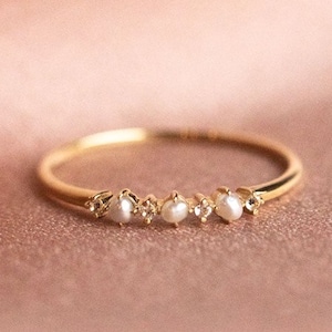 Antique Akoya Pearl and CZ Diamond Half Eternity Band, Solid Gold Half Eternity Stacking Minimalist Delicate Dainty Bridal, June Birthstone