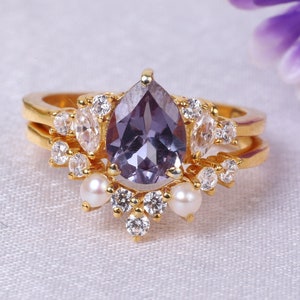 Pear Shaped Alexandrite, Diamond & Pearl Engagement Ring Set Vintage Rose Gold Art deco Ring Promise Unique Anniversary Bridal Ring Set