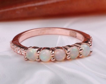 Ethiopian Opal And CZ Diamond Engagement Wedding Band 14k Solid Rose Gold Ring Birthday Gift Handmade Ring Personalized Jewelry For Women