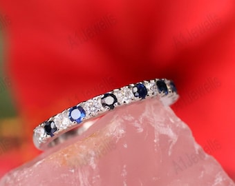 Blue Sapphire & CZ Diamond Half Eternity Band Pave Alternating Sapphire CZ Diamond Wedding Band September April Stack Ring Anniversary Gift