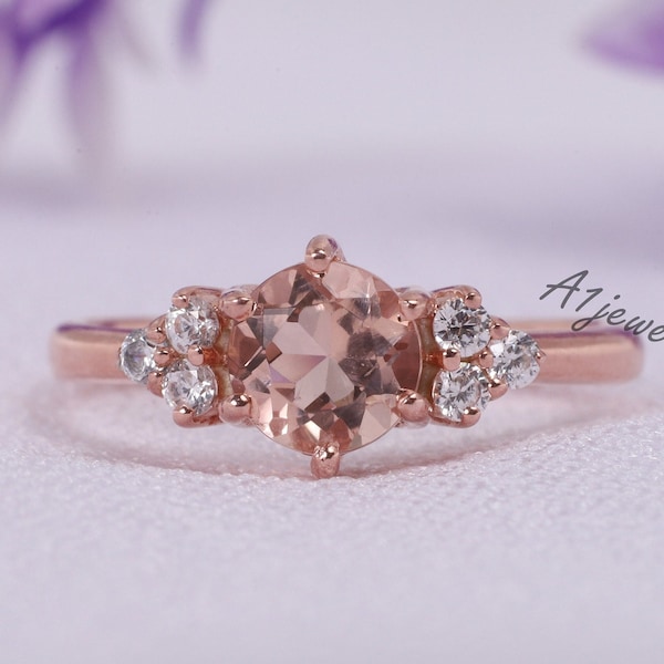 Morganite Engagement Ring 925 Sterling Silver 18K Rose Gold Round Shaped CZ Diamond Handmade Art Deco Women Ring For Wife Anniversary Gift