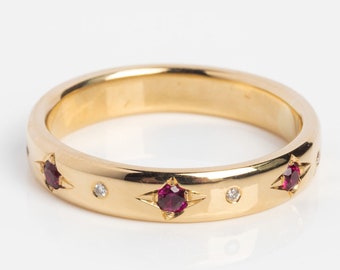 Dainty Ruby Diamond Stacking Band, 14K Yellow Gold Wedding Band, Half Eternity Bridal Band Statement Gift For July Birthstone Women Jewelry