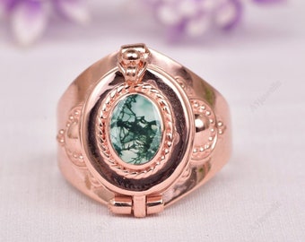 Anillo de pastillero de ágata musgosa, anillo de plata de ley 925, anillo de ágata de oro rosa, anillo de caja oculta, anillo de veneno que se puede abrir, anillo de compartimento secreto, el mejor regalo