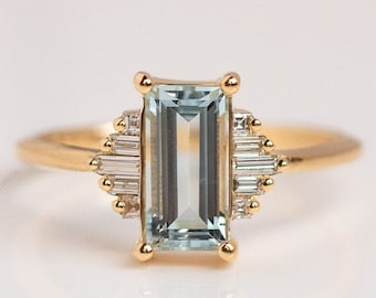 Antique Aquamarine and Moissanite Engagement Ring 925 Sterling Silver, Elegant Art Deco Ring Anniversary Gift Unique Minimalist Engagement