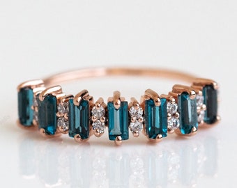 Baguette London Blue Topaz Ring For Women 18k Solid Gold Promise London Blue Topaz Eternity Ring Unique Half Eternity Braided Band Ring
