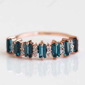 Baguette London Blue Topaz Ring For Women 18k Solid Gold Promise London Blue Topaz Eternity Ring Unique Half Eternity Braided Band Ring