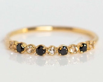 Natural Black Onyx & CZ Diamond Half Eternity Engagement Wedding Band, Personalized Gift For Woman's