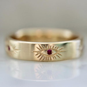 Karma Evil Eye Ruby Band 14K Yellow-Gold Engagement Band Handmade Summer Jewelry Personalized Gift