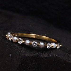 Pearl and Diamond Wedding Band Pearl Matching Band Akoya Pearl Ring Half Eternity Band Pearl Engagement Ring Bridal Ring Promise Ring