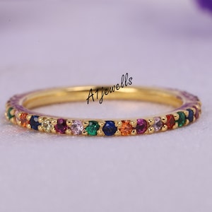 Rainbow Sapphire Multi Sapphire Round Cut Eternity Band Ring in 14K 18K Gold, Natural Multi Sapphire Rainbow Ring Engagement Gift For Wife