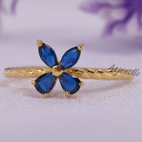 Blue Sapphire Leaf Engagement Ring 10k Yellow Gold Ring with Sapphire Ring inspired Leaf Ring Healing Gemstone Ring Unique Birthday Gifts