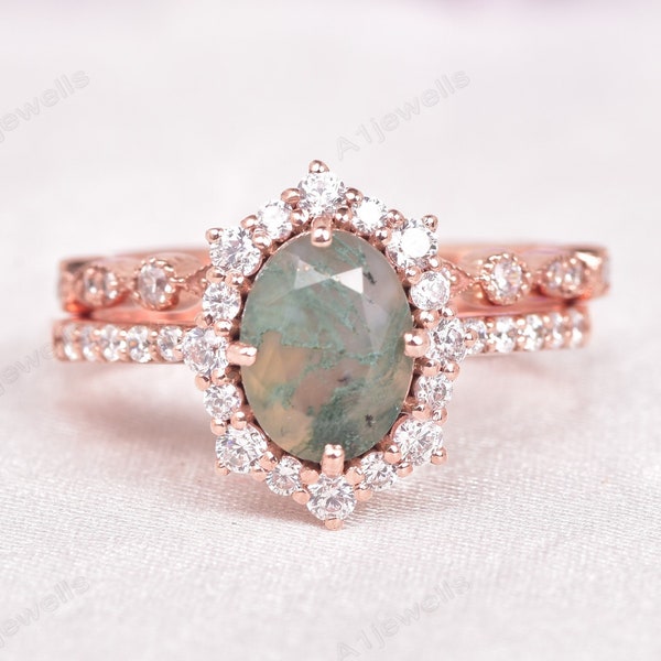 Oval Cut Moss Agate Engagement Ring Set Art Deco 14K Rose Gold Ring Unique Cluster Round Moissanite Wedding Ring Set Promise Ring For Women