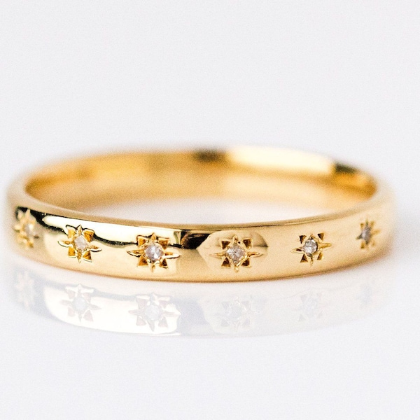 Diamantring med minimal stjärnbeläggning, vigselring i 14k guld med himmelsk ädelsten, evighetsring i massivt guld med stjärnformad diamant, minimalistisk, bekvämt platt ring