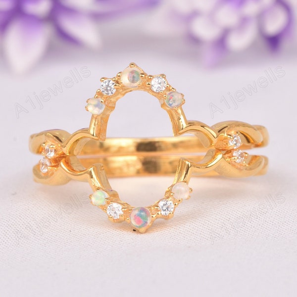 Opal And CZ Diamond Wedding Band Set, Unique Style 14k Rose Gold October Birthstone Jewelry Ring Set, Bridal Delicate Personalized Jewelry