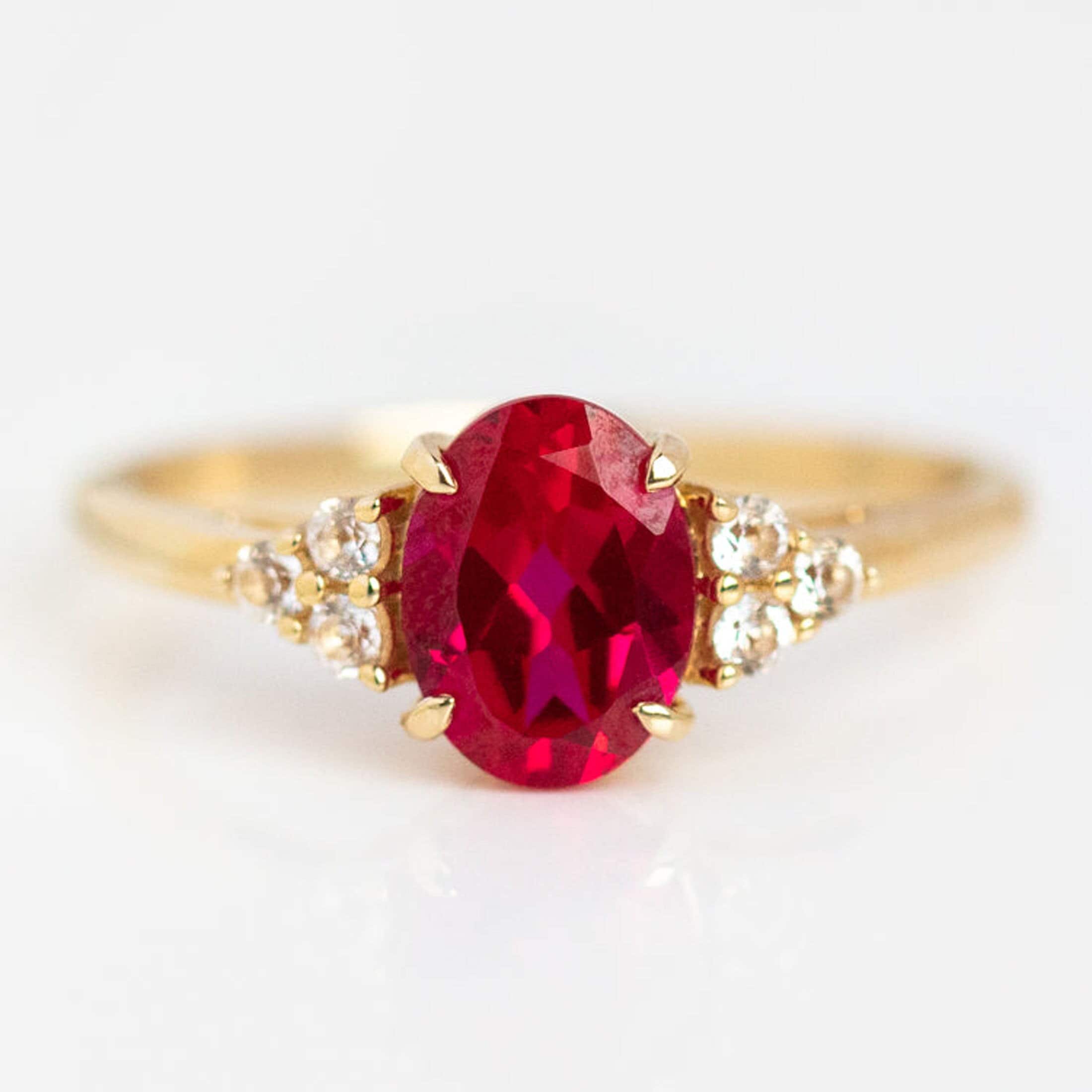 14k Solid Gold Ruby Engagement Ring Oval Cut Ruby Promise Ring CZ Diamond Ruby Ring July Birthstone Ring 18k Lab Ruby Jewelry Gift For Lover