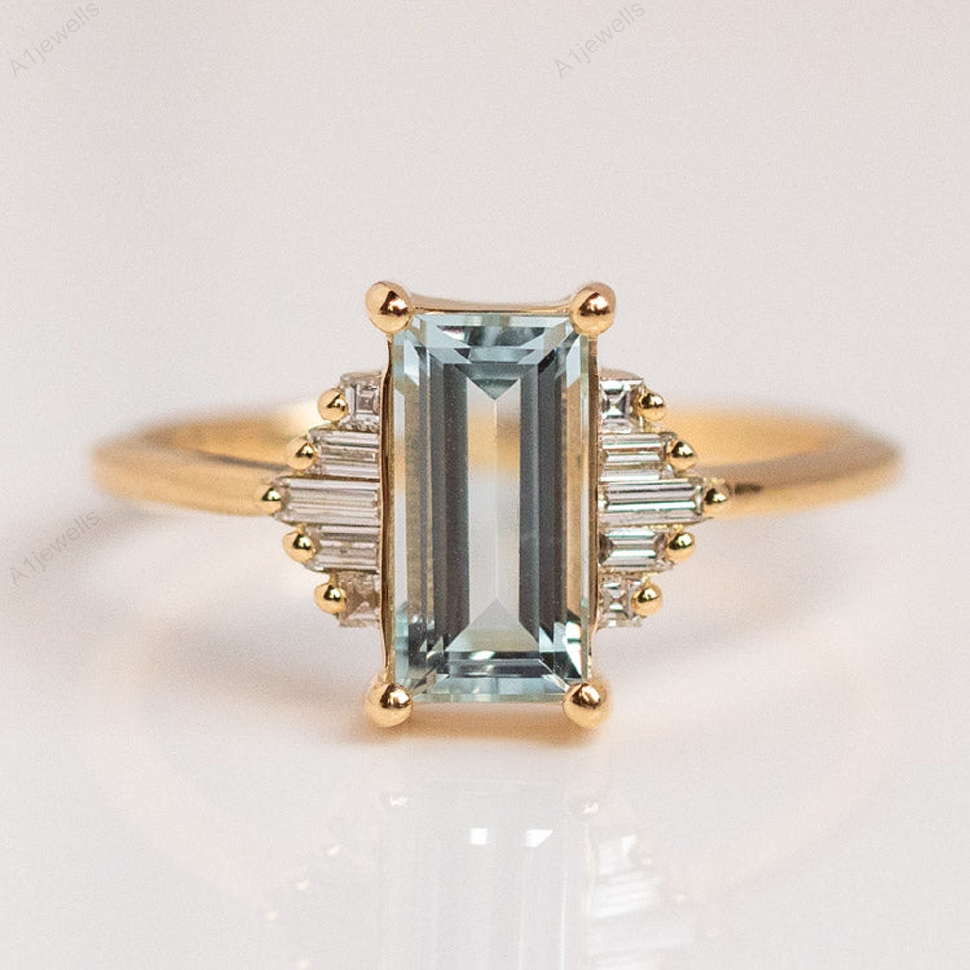 Antique Aquamarine and Moissanite Engagement Ring 925 Sterling Silver, Elegant Art Deco Ring Anniversary Gift Unique Minimalist Engagement