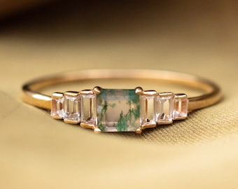 Natural Moss Agate Engagement Ring Square Cut Solid 14K Gold Engagement Ring, Unique Wedding Ring for Women Anniversary Gift CZ Diamond Ring