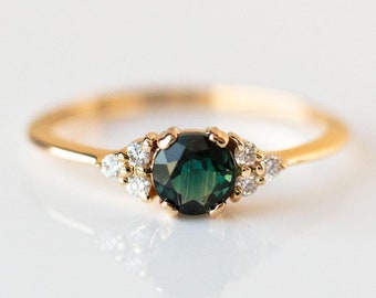 Vintage Teal Sapphire Engagement Ring Unique Round Cut Solid 14k Gold Ring Blue Green Sapphire Ring Diamond Wedding Promise Ring For Wife