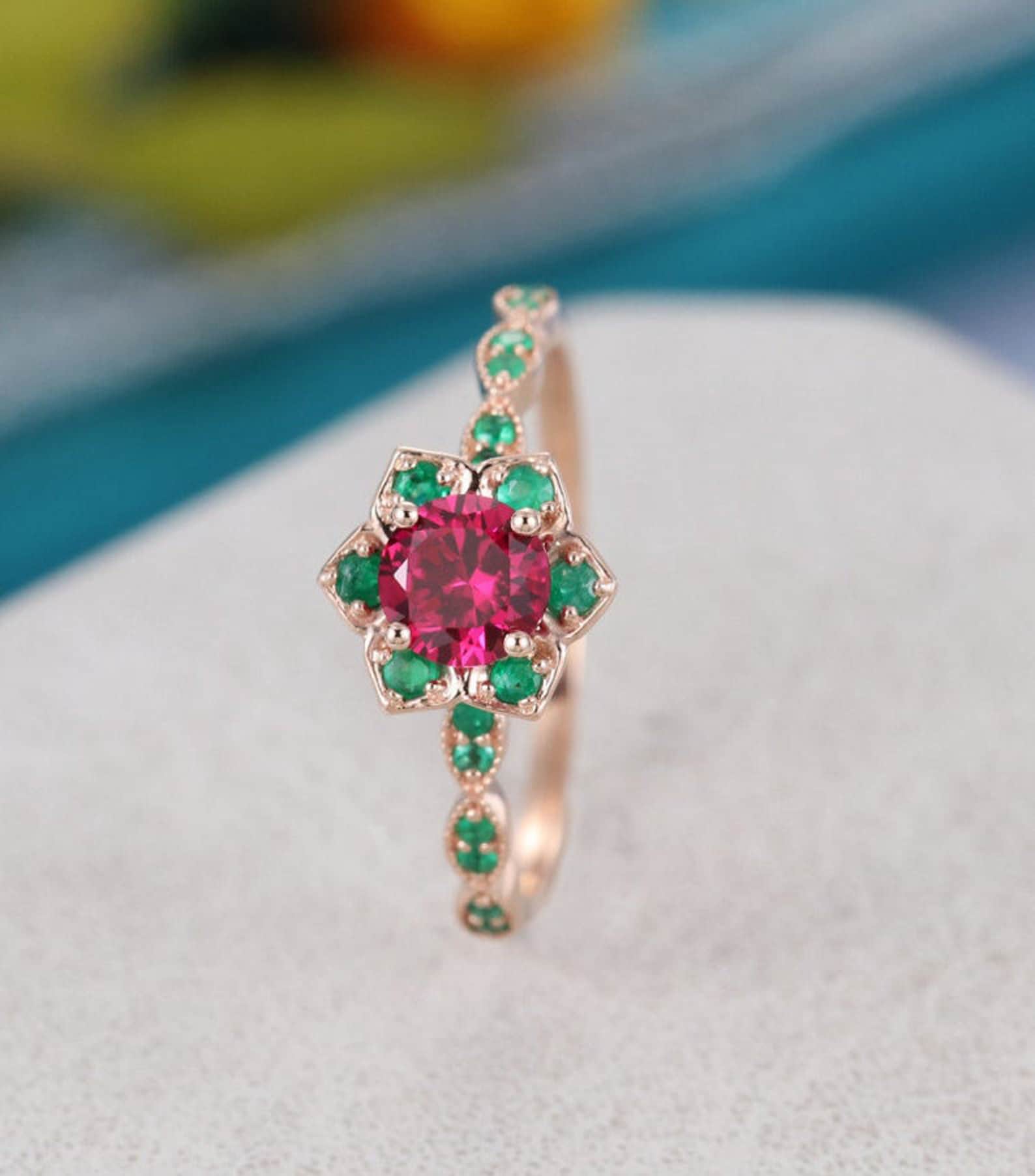 Ruby and Emerald Wedding Ring 10k/14k/18k Rose Gold Ring For Etsy