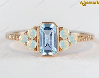 Blue Aquamarine and Opal wedding Ring 925 Sterling Silver Ring March Birthstone Aquamarine Jewelry Customize Gold Ring Birthday Gift For Mom