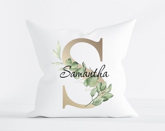 Personalized Initial Cushion | Floral Letter Linen Pillow with Name | New Home Gift, Birthday Gift for Her