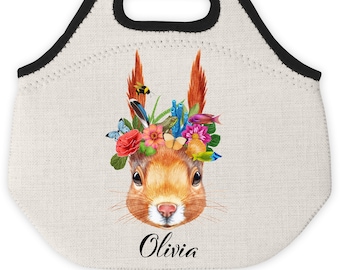 Personalized Lunch Bag | Squirrel & Flowers Linen Lunch Box | Back to School Gift for Kids