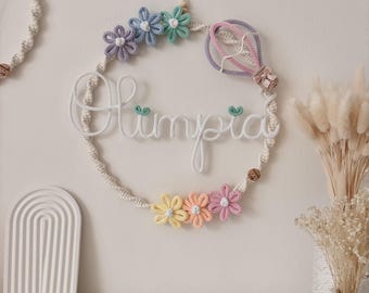 Personalized baby birth bow in macrame baby shower birth gift Flowers and Hot Air Balloon