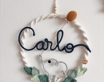 Personalized baby birth bow in macrame / baby shower / birth gift with elephant and leaves