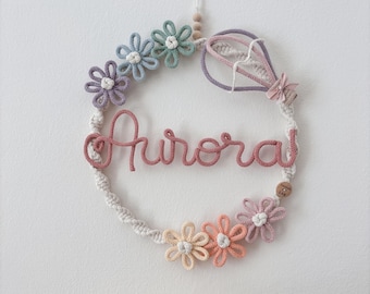 Personalized baby birth bow in macrame baby shower birth gift Flowers and Hot Air Balloon