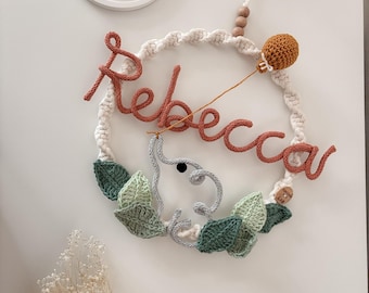 Personalized baby birth bow in macrame / baby shower / birth gift with elephant and leaves