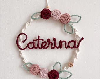 Personalized baby macrame birth bow, baby shower gift, Rosa Blossom