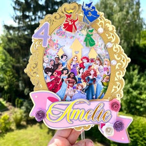 Topo de bolo da princesa dourada: decoração de festa de aniversário de conto de fadas com espelho iluminado