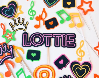 Neon Birthday Cake Topper: Retro Disco Party Decor