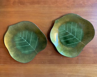 Pair of Leon Statham Green Enameled Copper Leaf Dishes