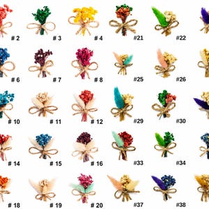 May include: A collection of forty small, dried flower bouquets arranged in a grid, each tied with a brown twine bow. The bouquets feature various colors including red, blue, yellow, green, purple, and natural beige tones, labeled with numbers 1 to 40.