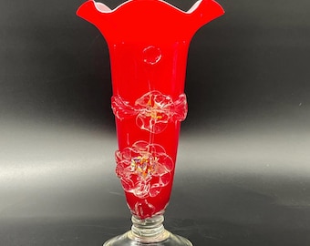 Vintage Chinese Plum Blossom Vase – Red with Scalloped Edging – 1960s