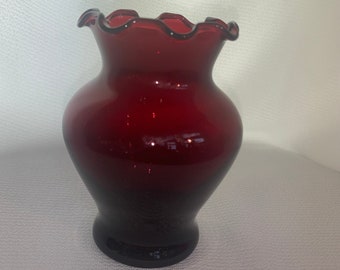 Vintage Glass Cranberry Glass Vase Red Ruffled Rim-Art Glass Vase