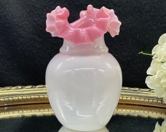 Antique Bristol Glass Vase, White and Pink Ruffled Glass Vase
