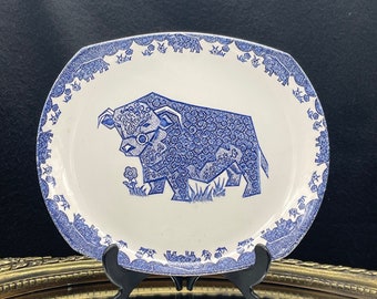 Beefeater English Ironstone Tableware, Underglaze Single of Rectangular Plate, Vintage Blue Transferware Bull, Dining Table Ornament