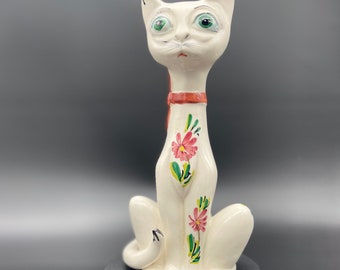 ヴィンテージの手描き陶器の長い首の猫 - イタリア製、ミッド