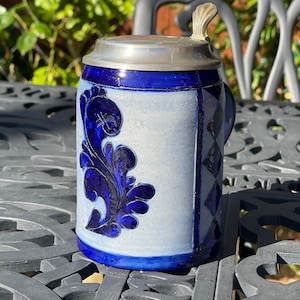Vintage Handarbeit German Stoneware Salt Glaze Cobalt Blue Lidded Stein