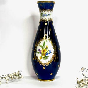 Vase floral bleu Hertel Jacob Bavaria en porcelaine allemande vintage